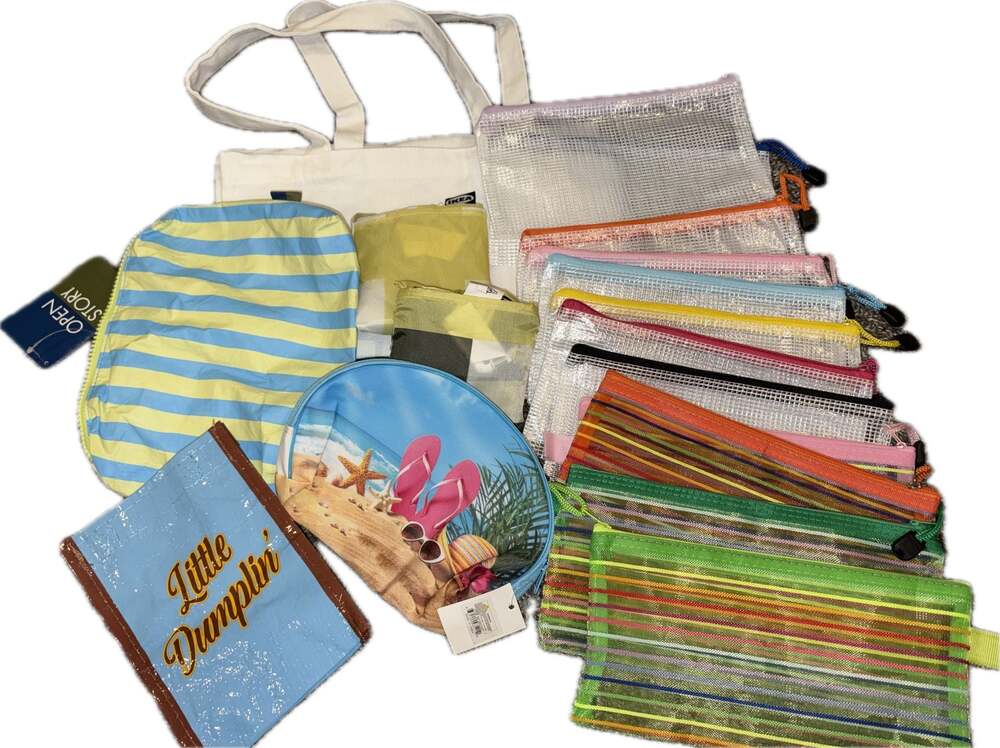 Large Lot Multi-Brand Travel Organizer Set with IKEA Totes, Mesh Zipper Pouches,
